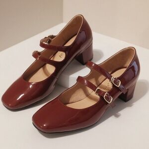 ‼️$10 - Womens Brown Mid Block Heel Mary Janes Buckle Square Toe Pumps Size 7.5